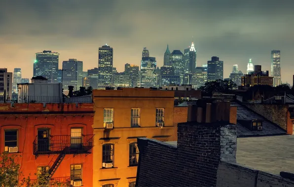 Ночь, огни, нью-йорк, night, New York City, usa, nyc, Brooklyn Heights