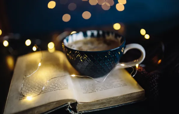 Свет, огни, уют, темный фон, кофе, вечер, чашка, книга