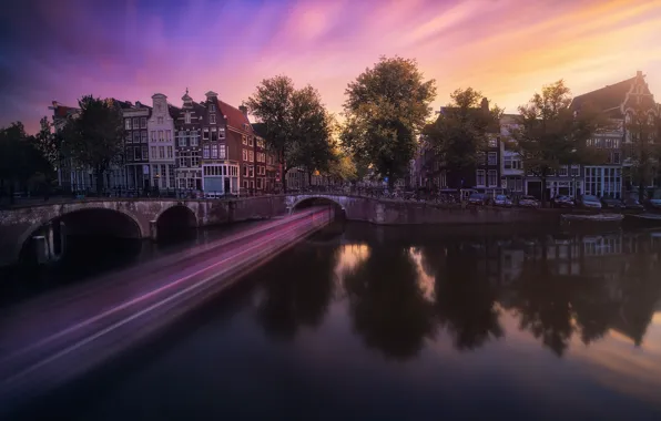 Картинка свет, город, выдержка, канал, Нидерланды