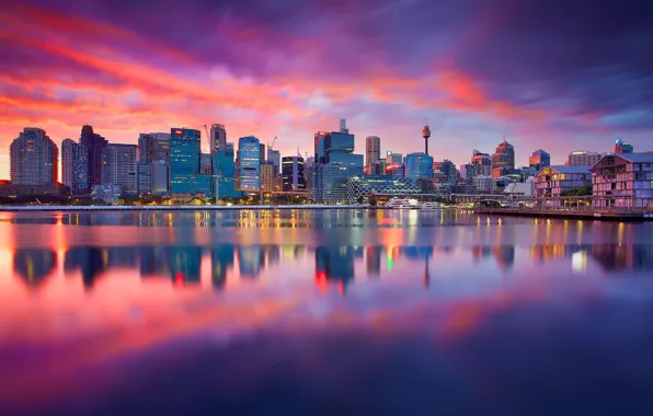 Картинка город, река, рассвет, здания, дома, Sydney