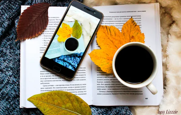 Картинка осень, листья, кофе, книга, телефон, плед, свитер, book