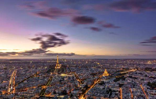 Огни, Франция, Париж, башня, вечер, панорама