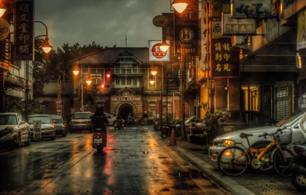 Картинка ночь, велосипед, улица, мотоцикл, Тайвань, автомобили, магазины, быт