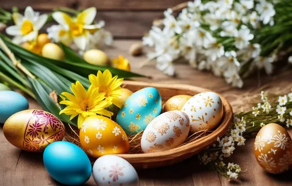 Картинка цветы, яйца, весна, colorful, Пасха, happy, flowers, spring