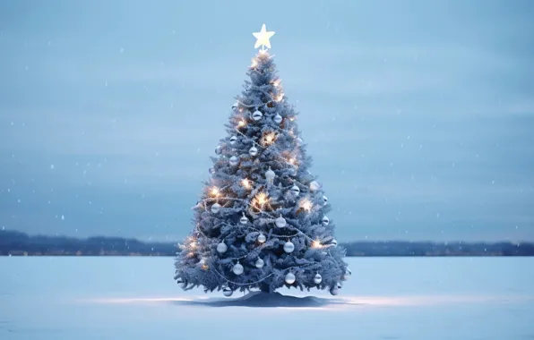 Картинка зима, снег, украшения, фон, шары, елка, Новый Год, Рождество