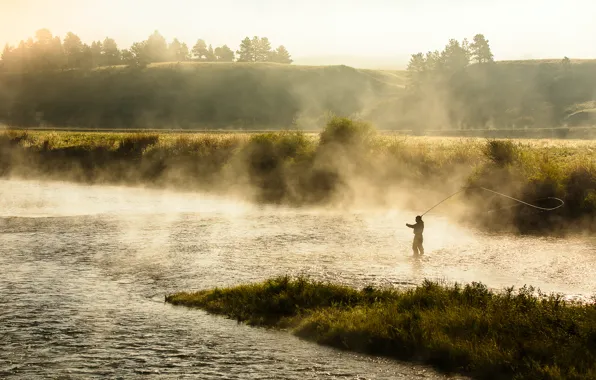 Картинка пейзаж, природа, туман, река, рыбалка, утро