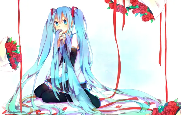 Картинка девушка, цветы, ленты, розы, vocaloid, hatsune miku, сидя, букеты