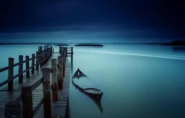 Картинка ночь, мост, лодка