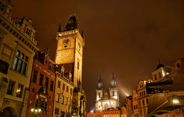 Картинка небо, ночь, огни, часы, башня, Прага, Чехия