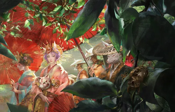 Картинка корона, кимоно, оборотень, красный зонт, шествие, зеленая листва, маска демона, девятихвостая лиса