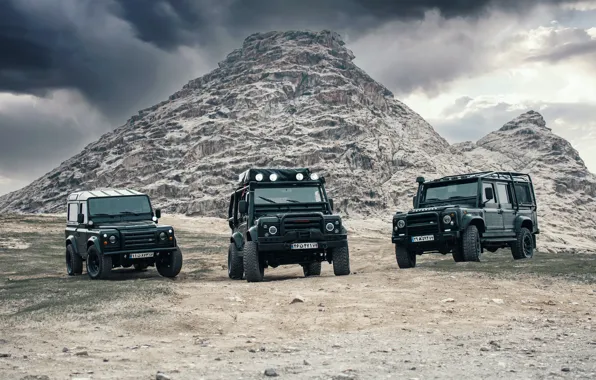 Land Rover, Car, Clouds, Defender, Rocks, Offroad