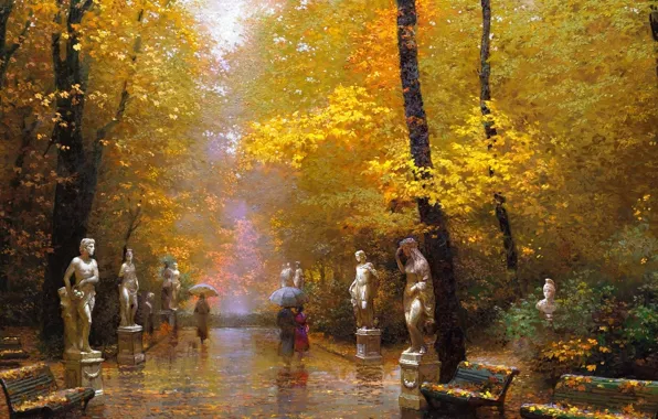 Картинка осень, парк, люди, дождь, дорожка, зонты, скамейки, скульптуры