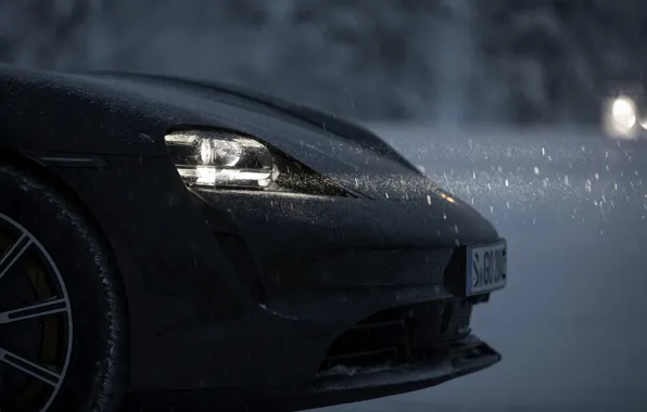 Картинка свет, снег, чёрный, Porsche, передняя часть, 2020, Taycan, Taycan 4S