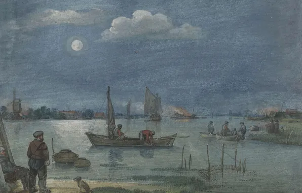 Рисунок, Хендрик Аверкамп, Hendrick Avercamp, Рыбаки в лунном свете