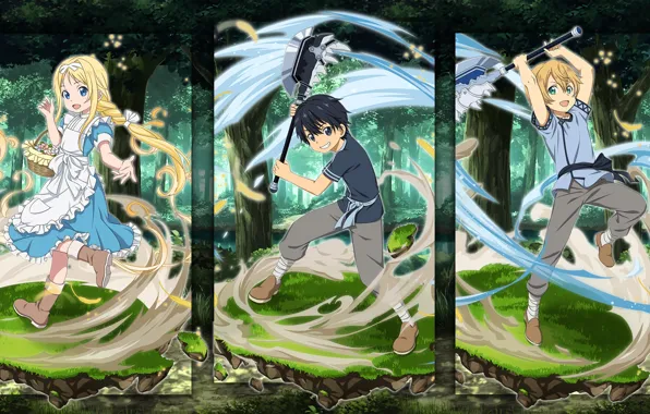 Лес, дети, коллаж, персонажи, Мастера меча онлайн, Sword Art Online