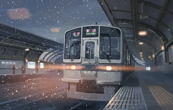 Картинка снег, япония, поезд, станция, 5 сантиметров в секунду