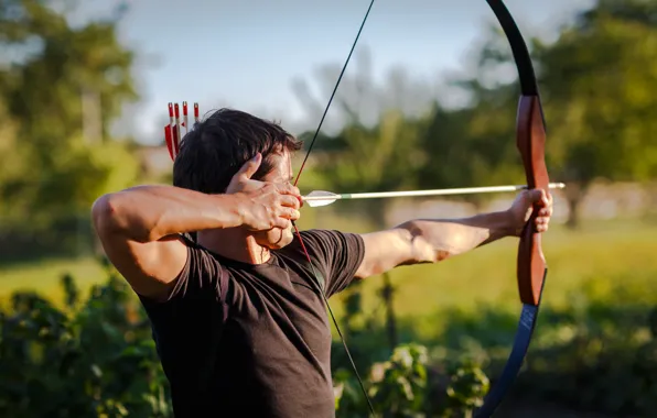 Man, bow, arrow, pointing, archery
