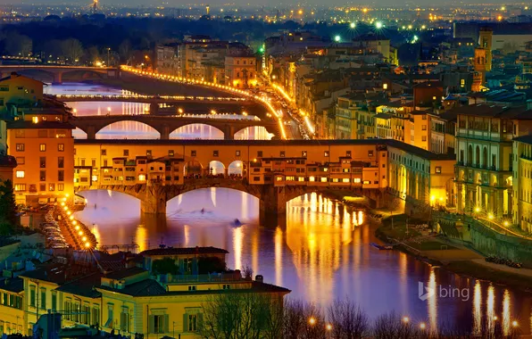 Ночь, мост, огни, река, дома, Италия, Флоренция, Понте Веккьо