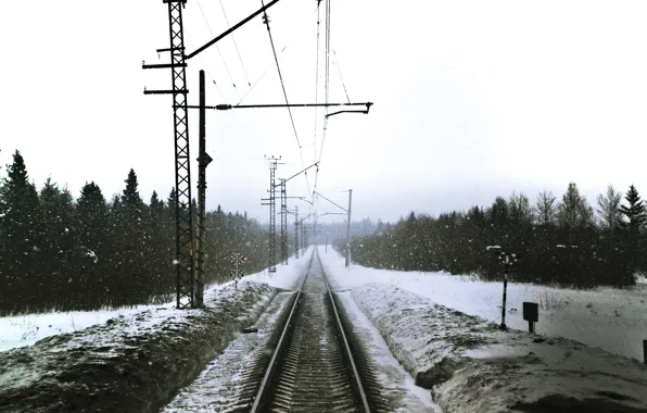 Зима, дорога, снег, поезд, электричка, железная дорога, вдаль