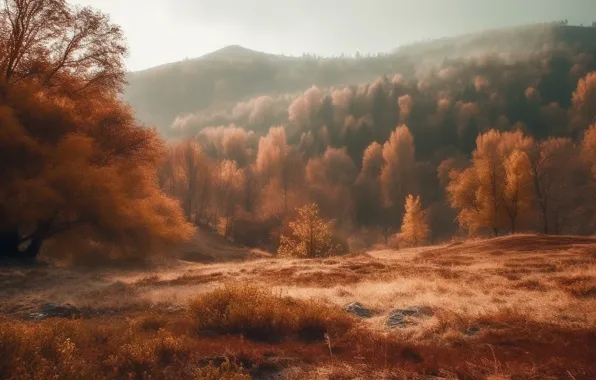 Поле, осень, лес, трава, деревья, пейзаж, горы, природа