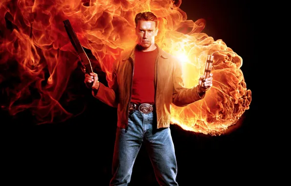 Картинка fire, flame, man, hero, shotgun, 1993, shield, cigar