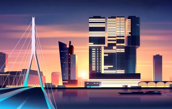 Закат, Минимализм, Мост, Город, Река, Стиль, Здания, Здание