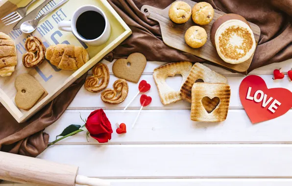 Роза, кофе, завтрак, печенье, подарки, love, rose, coffe