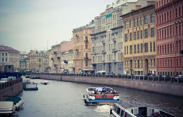 Река, здания, дома, лодки, Питер, Санкт-Петербург, Россия, Russia