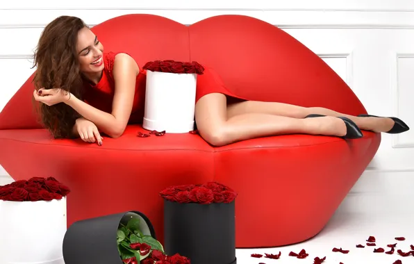 Радость, цветы, красный, поза, улыбка, настроение, коробка, розы