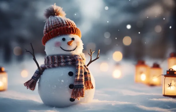 Картинка зима, снег, украшения, Рождество, Новый год, снеговик, happy, Christmas
