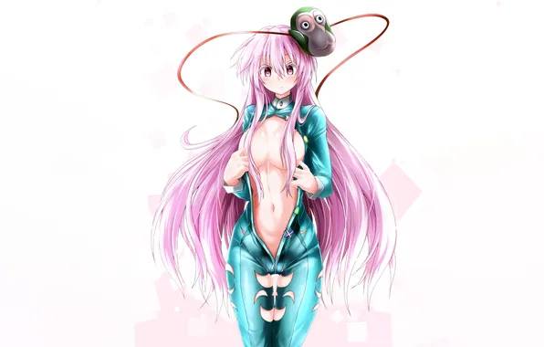 Girl, sexy, pink hair, bodysuit, long hair, boobs, sexy girl, blush