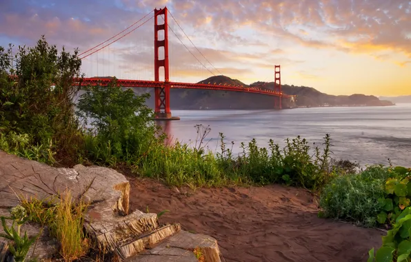Рассвет, утро, Калифорния, Сан-Франциско, мост Золотые ворота