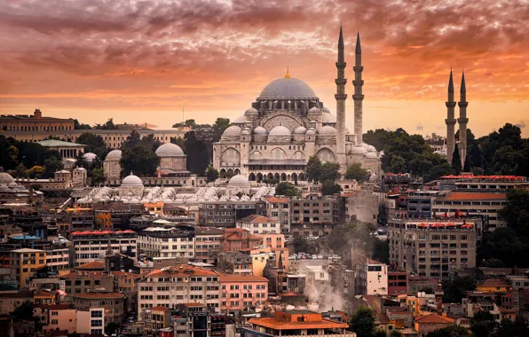 Закат, здания, дома, мечеть, Стамбул, Мечеть Султана Ахмета, Турция, Istanbul