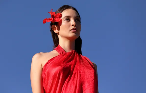 Awesome, blue sky, lovely, pretty girl, red top, red flower, beautiful face, sexy brunette