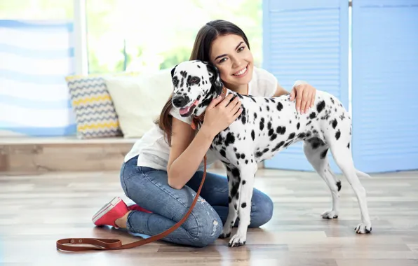 Девушка, настроение, собака, далматин, dog, dalmatian