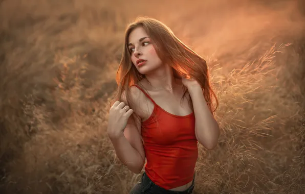 Поле, лето, девушка, поза, волосы, майка, цепочка, красивая