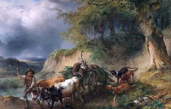 Картина, Олень, Повозка, Собаки, Мужчина, Быки, Австрийский живописец, Friedrich Gauermann