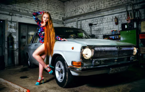 Car, girl, woman, young, beautiful, model, redhead, long-haired