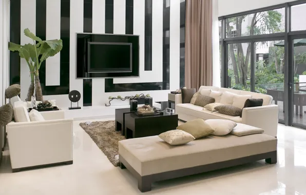 Картинка стиль, полосы, комната, диван, растение, телевизор, окно