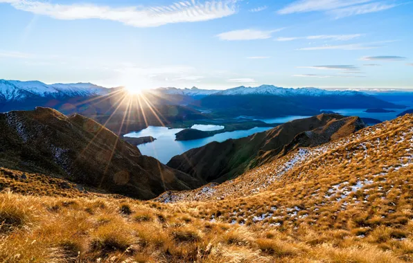 Горы, озеро, восход, рассвет, Новая Зеландия, New Zealand, Lake Wanaka, Южные Альпы