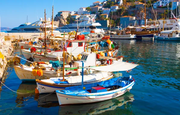 Картинка море, пейзаж, природа, дома, лодки, Santorini, Greece