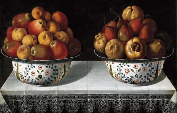 Картинка яблоки, еда, картина, натюрморт, груши, Две Вазы с Фруктами, Томас Хепес