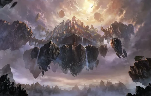 Картинка горы, город, скалы, арт, водопады, летучий, в небе, Liang xing