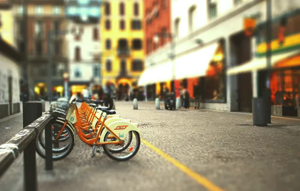 Картинка велосипед, город, улица, blur, tilt-shift, размытый фон, стоянка велосипедов