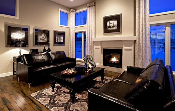 Дизайн, стиль, комната, диван, черный, интерьер, камин, кожаный
