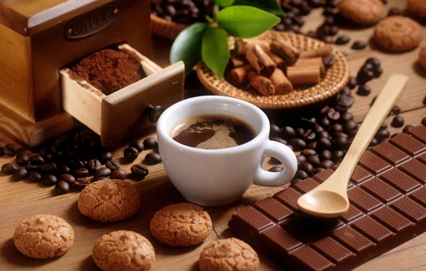 Картинка листья, плитка, кофе, шоколад, зерна, печенье, ложка, чашка