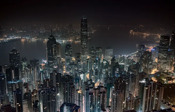 Ночь, Гонконг, небоскрёбы, мегаполис, Hong Kong