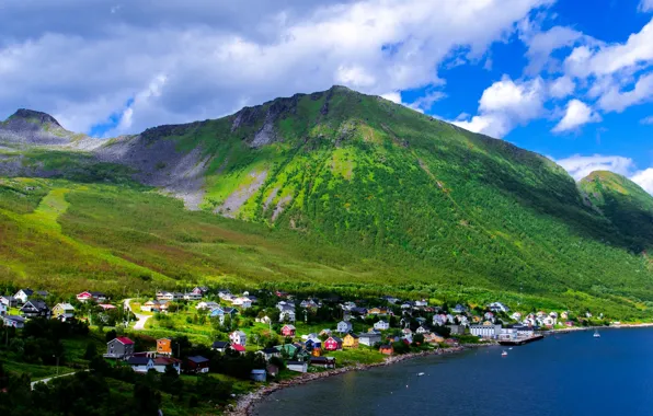 Картинка небо, облака, деревья, горы, дома, залив, норвегия, поселок