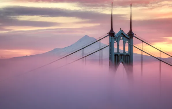 Картинка city, USA, twilight, bridge, sunset, Portland, mountain, snow