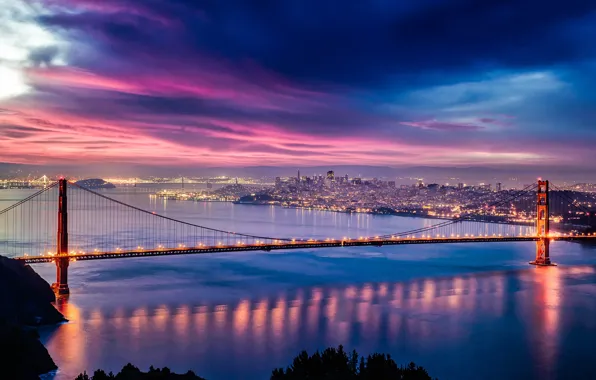 Картинка city, lights, USA, Golden Gate Bridge, twilight, skyline, sky, sea